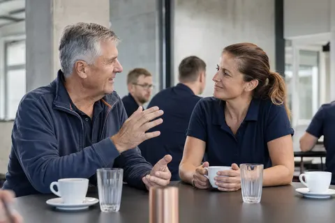 Erfahrene Mitarbeitende der Gebäudetechnik im Austausch mit Kolleginnen und Kollegen